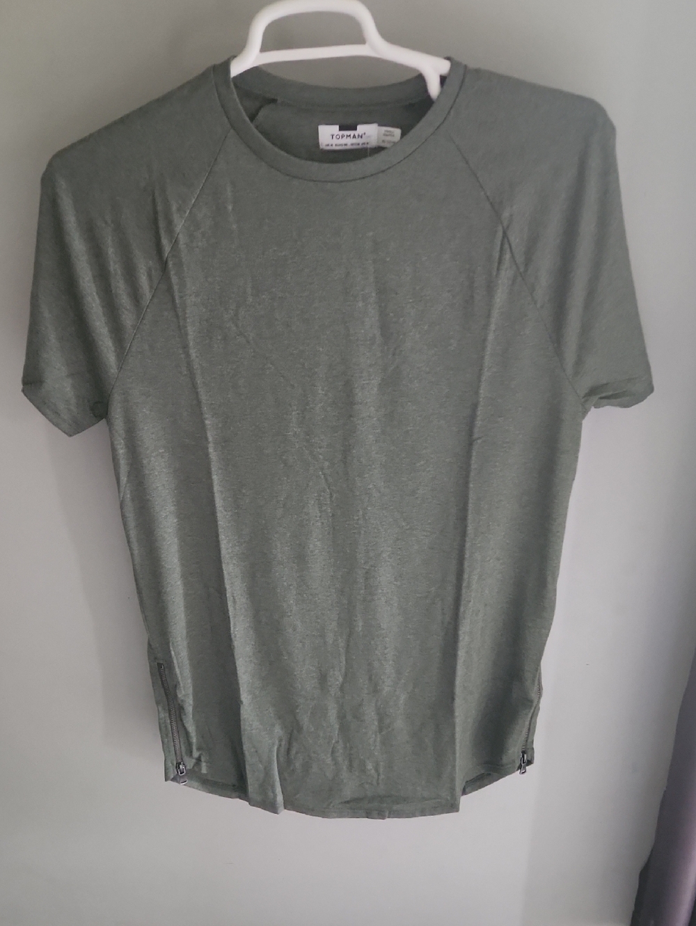 SALE!Topman Longline Sage Green Short Sleeve Crew Neck Tee W/ Side Zipper Detail